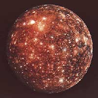 Callisto, a moon of Jupiter, is covered with craters produced when asteroids and comets struck its icy surface. Beneath the surface may be an ocean of salty liquid water.