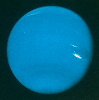 Bright blue clouds that surround the planet Neptune consist mainly of frozen methane. Winds that carry these clouds may reach speeds up to 700 miles (1,100 kilometers) per hour.