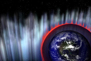 Artist's concept of gamma-rays hitting Earth's atmosphere