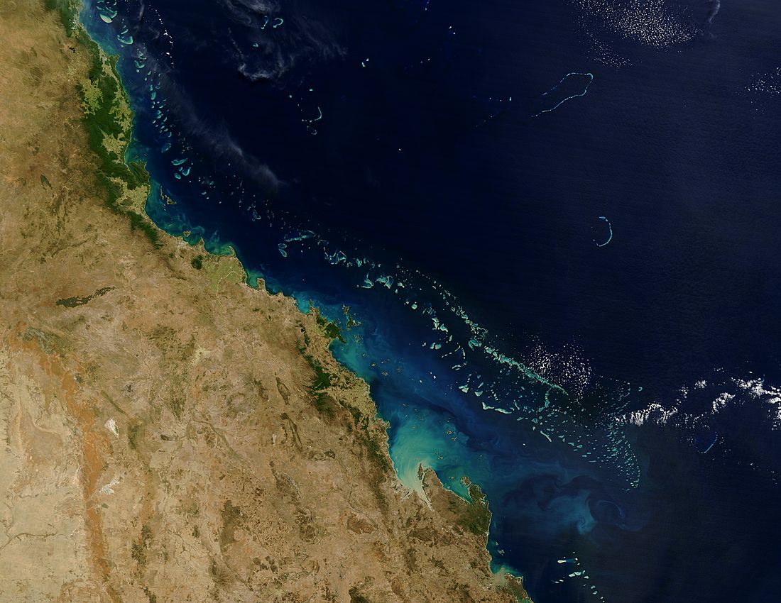 Australia’s The Great Barrier Reef arches over 2000 kilometers along the northeast coast of Australia.