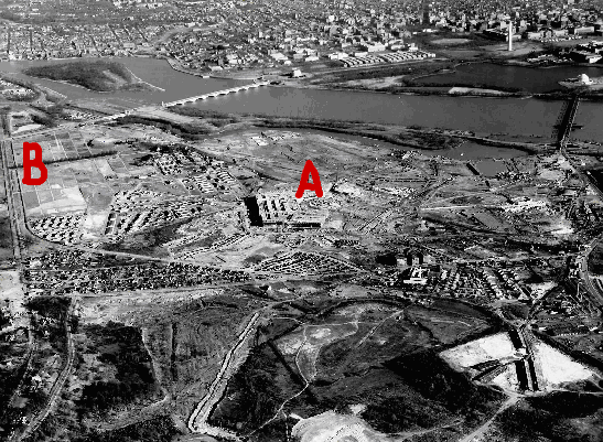 Aerial view depicts the first two Pentagon "spokes" under construction