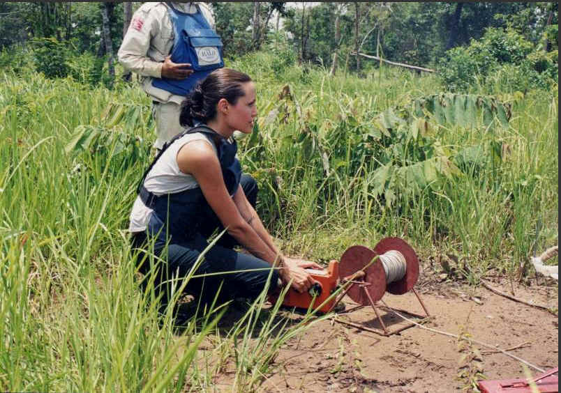 Angelina Jolie detonating a landmine in Cambodia. 