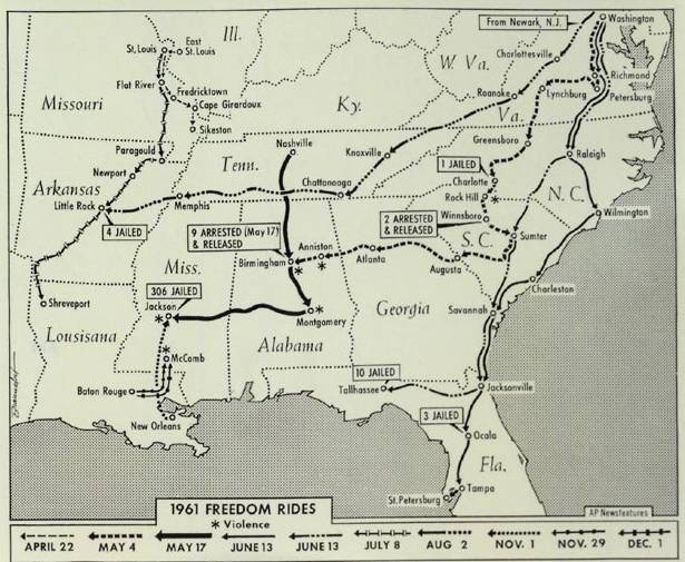 Freedom Rides: In 1961, busloads of volunteers of mixed races waged a cross-country campaign to try to end the segregation of bus terminals. 