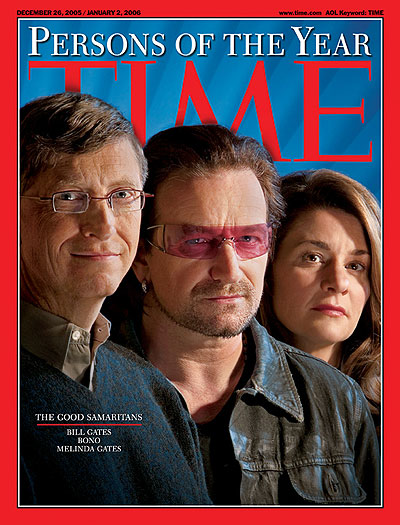 n December 2005, Bono was named by TIME as one of the Persons of the Year, along with Bill and Melinda Gates. 