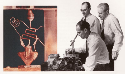 Transistor inventors William Shockley (seated), John Bardeen, and Walter Brattain